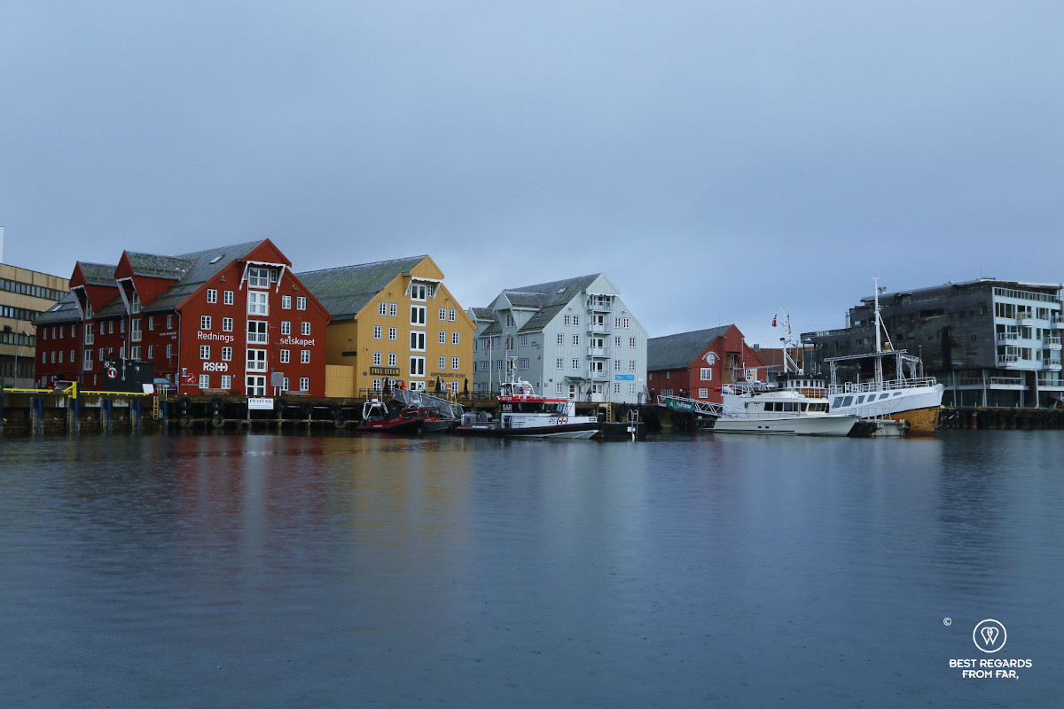 Colourful Bryggen by the water in Tromso, Norway.