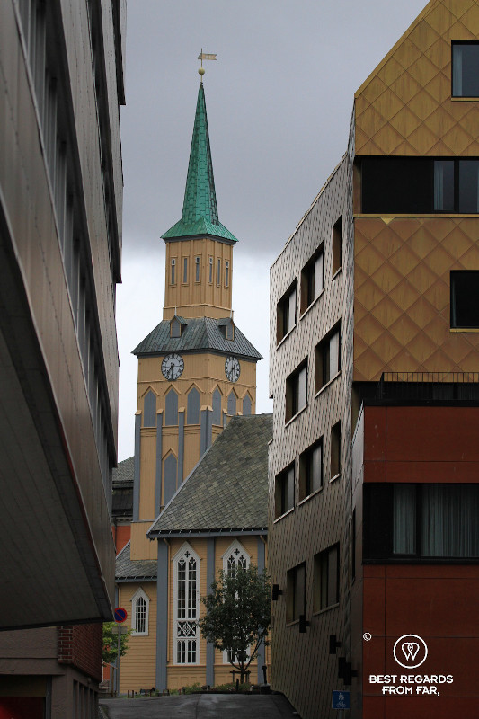 The church tower in Tromso, Norway.