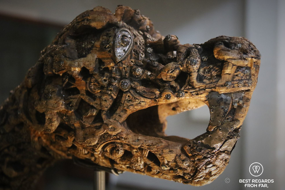Details of a wood carving of a Viking ship at the Viking Museum in Oslo.