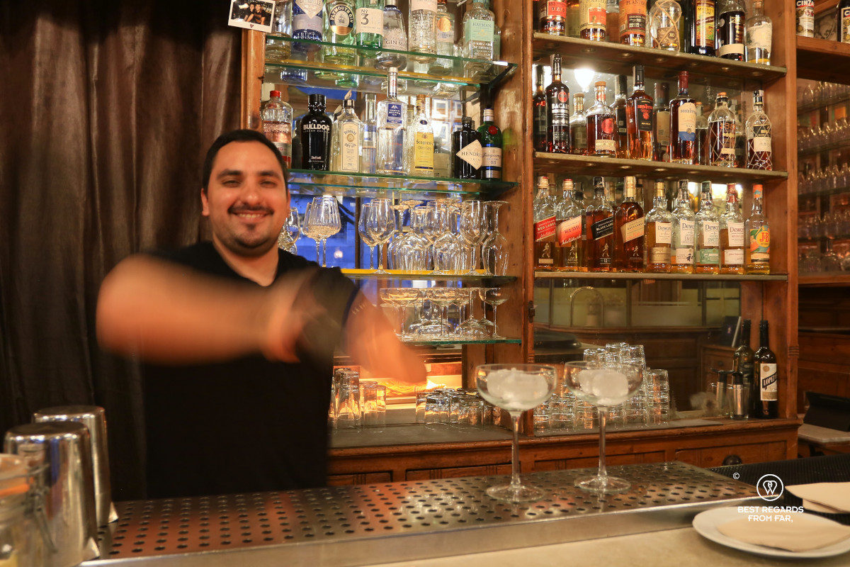 Bartender shaking a cocktail with a smile.