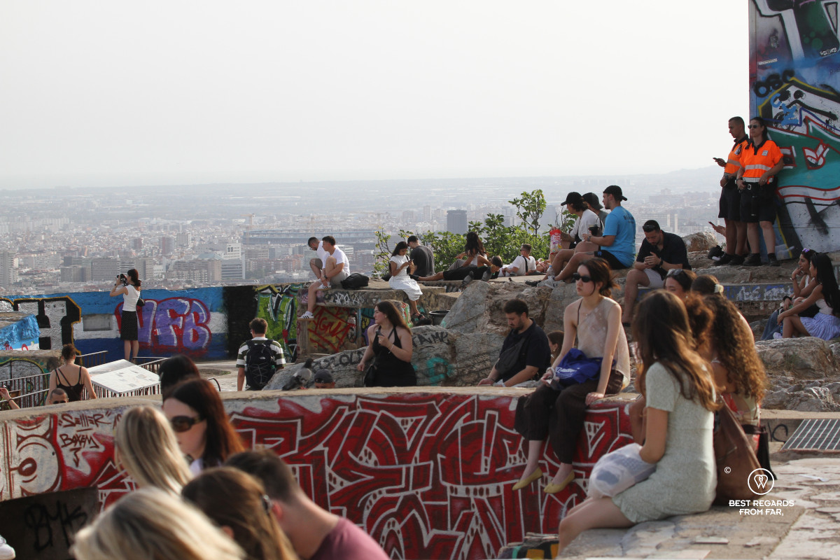 Crowd of youngsters on Bunker del Carmel in Barcelona.