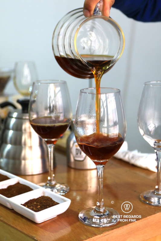 Geisha coffee being poured into a wine glass.