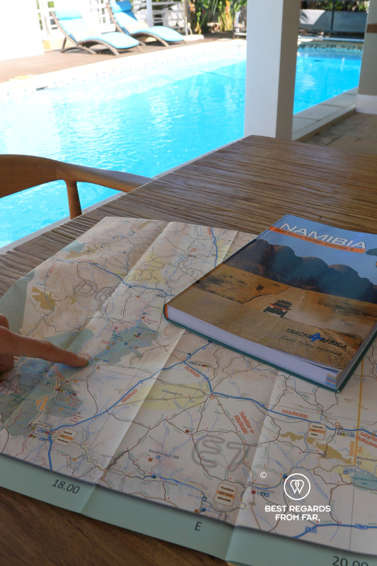 Preparing the next stretch with the Tracks4Africa map and atlas at The Belvedere Hotel in Windhoek, Namibia.
